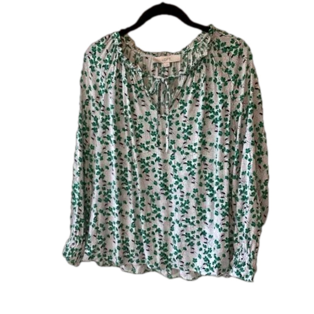 Loft Bouquet Peplum Back Blouse Green White Black M Rayon Business Casual